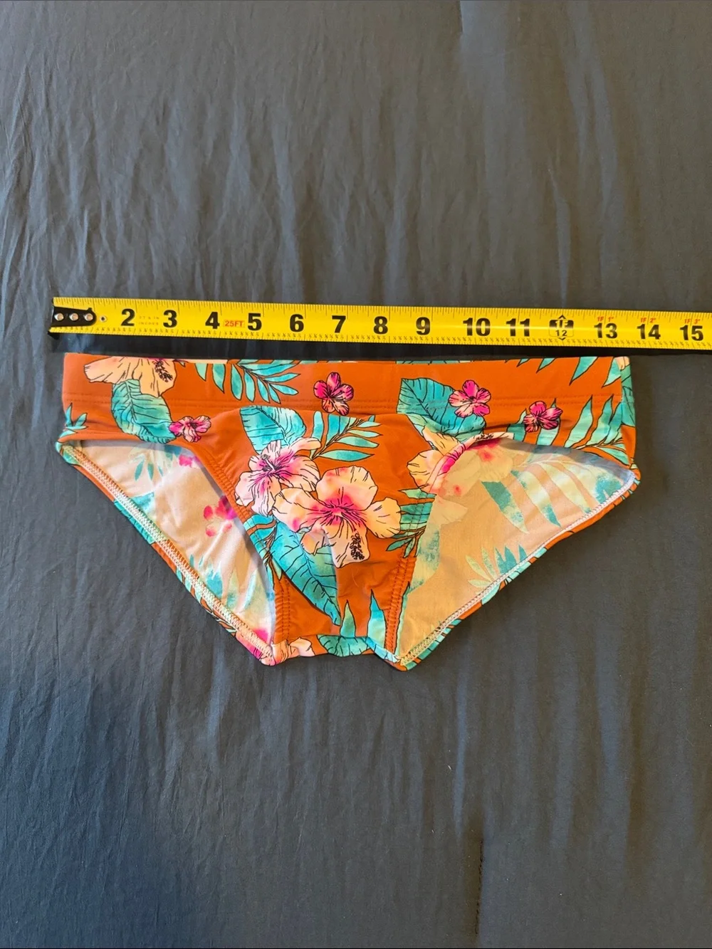 Men's Orange Tropical Floral Swim Trunks, Snug Medium, Q beach Sport
